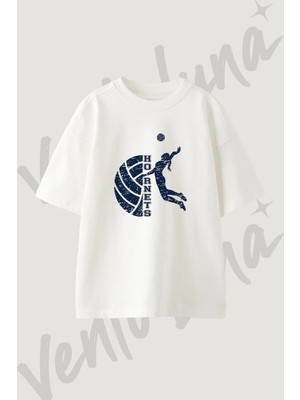 Volleyball Hornets Tasarım Baskılı Unisex Oversize Kalıp Beyaz Tshirt