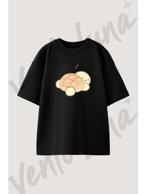 Melonpan Turtle Tasarım Baskılı Unisex Oversize Kalıp Siyah Tshirt