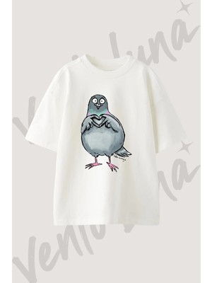 Guvercin Kalp Tasarım Baskılı Unisex Oversize Kalıp Beyaz Tshirt