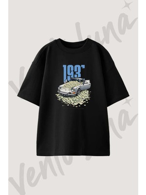 Klasik Papatyali Araba Tasarım Baskılı Unisex Oversize Kalıp Siyah Tshirt