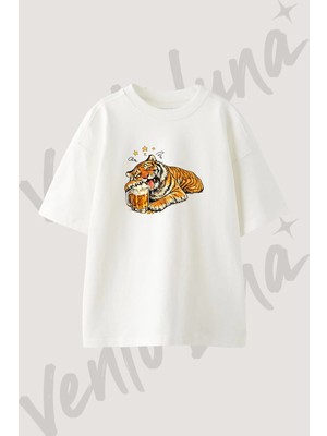 Drunk Tiger Tasarım Baskılı Unisex Oversize Kalıp Beyaz Tshirt