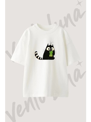 Grizzy Cat Tasarım Baskılı Unisex Oversize Kalıp Beyaz Tshirt