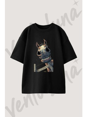 Komik At Tasarım Baskılı Unisex Oversize Kalıp Siyah Tshirt