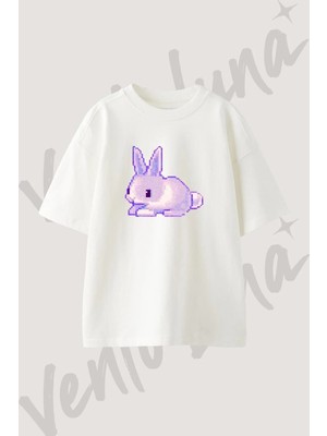 Pixel Rabbit Tasarım Baskılı Unisex Oversize Kalıp Beyaz Tshirt