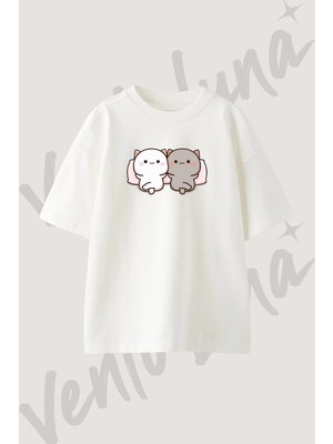 Peach Goma_3 Tasarım Baskılı Unisex Oversize Kalıp Beyaz Tshirt