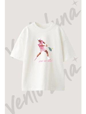 Tennis Player_2 Tasarım Baskılı Unisex Oversize Kalıp Beyaz Tshirt