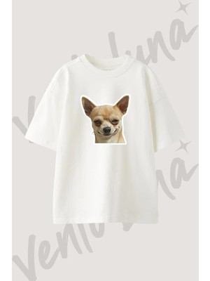 Chihuahua Smirk Tasarım Baskılı Unisex Oversize Kalıp Beyaz Tshirt