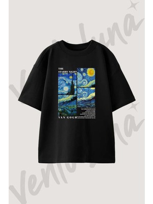 Starry Night Van Gogh Tasarım Baskılı Unisex Oversize Kalıp Siyah Tshirt