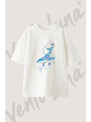Space Whale Tasarım Baskılı Unisex Oversize Kalıp Beyaz Tshirt