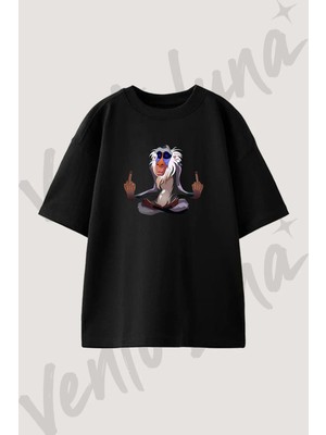 Rafiki Aslan Kral Tasarım Baskılı Unisex Oversize Kalıp Siyah Tshirt
