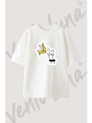 Peeled Banana Tasarım Baskılı Unisex Oversize Kalıp Beyaz Tshirt