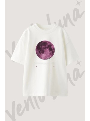 Pembe Ay Tasarım Baskılı Unisex Oversize Kalıp Beyaz Tshirt