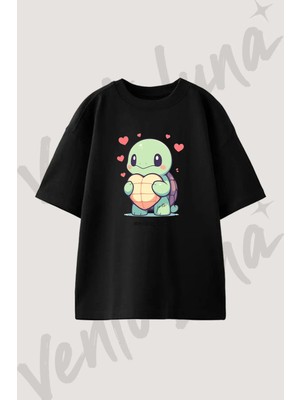 Squirtle Pokemon Tasarım Baskılı Unisex Oversize Kalıp Siyah Tshirt