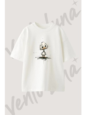 Cizgi Ordek_1 Tasarım Baskılı Unisex Oversize Kalıp Beyaz Tshirt