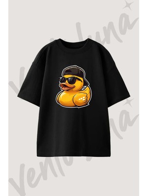 Swag Ordek Tasarım Baskılı Unisex Oversize Kalıp Siyah Tshirt