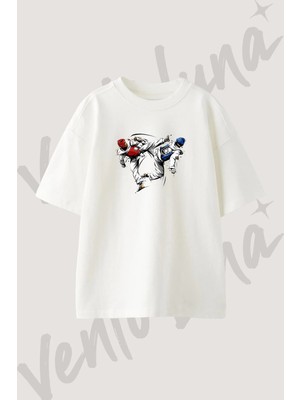 Taekwondo_1 Tasarım Baskılı Unisex Oversize Kalıp Beyaz Tshirt
