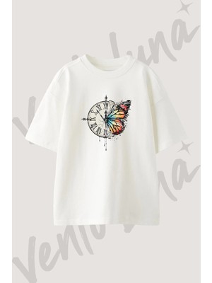 Saat Kelebek Tasarım Baskılı Unisex Oversize Kalıp Beyaz Tshirt