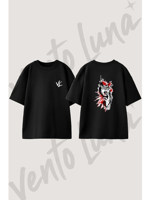 Kanli Kelebek Kadin Tasarım Sırt Baskılı Pamuk Siyah Oversize T-Shirt