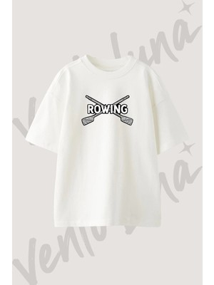 Rowing Paddles Tasarım Baskılı Unisex Oversize Kalıp Beyaz Tshirt
