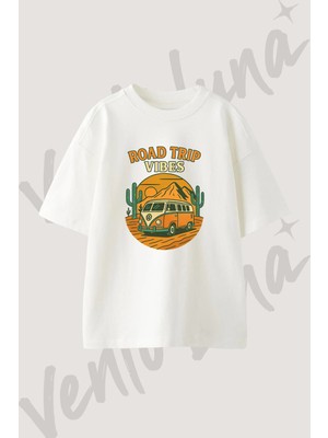Road Trip Van Tasarım Baskılı Unisex Oversize Kalıp Beyaz Tshirt