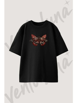 Kelebek Cizim Tasarım Baskılı Unisex Oversize Kalıp Siyah Tshirt