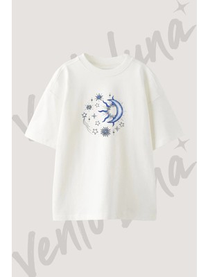 Ay Gunes Yildiz Tasarım Baskılı Unisex Oversize Kalıp Beyaz Tshirt