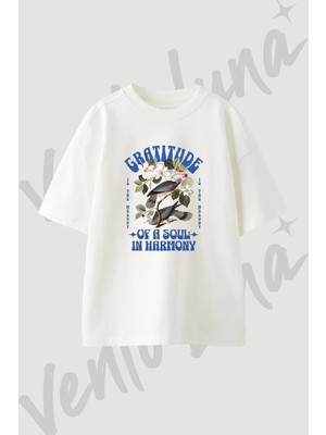 Kus Cicek Tasarım Baskılı Unisex Oversize Kalıp Beyaz Tshirt