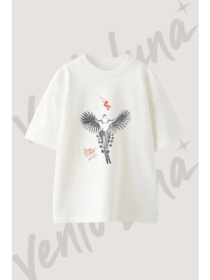 Kutsal Ruh Tasarım Baskılı Unisex Oversize Kalıp Beyaz Tshirt