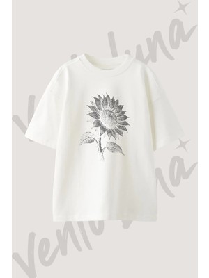 Sun Flower Tasarım Baskılı Unisex Oversize Kalıp Beyaz Tshirt