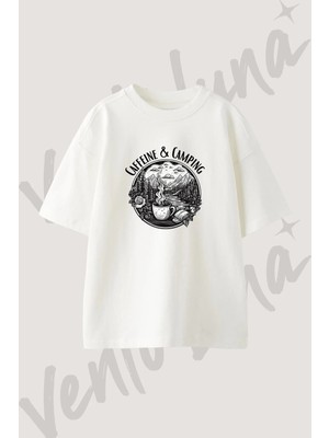 Coffee Camping Tasarım Baskılı Unisex Oversize Kalıp Beyaz Tshirt