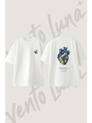 Van Gogh Kalp Tasarım Sırt Baskılı Pamuk Beyaz Oversize T-Shirt