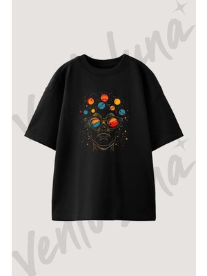 Kozmik Kafa_1 Tasarım Baskılı Unisex Oversize Kalıp Siyah Tshirt