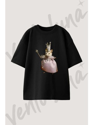 Fare Peri Tasarım Baskılı Unisex Oversize Kalıp Siyah Tshirt