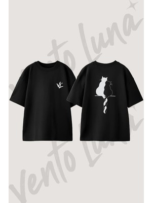 Kedi Cifti Tasarım Sırt Baskılı Pamuk Siyah Oversize T-Shirt