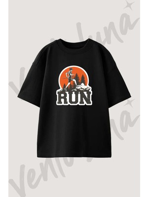 Trail Running Tasarım Baskılı Unisex Oversize Kalıp Siyah Tshirt