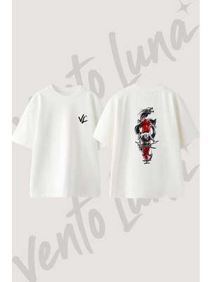 Samurai Ejderha Tasarım Sırt Baskılı Pamuk Beyaz Oversize T-Shirt