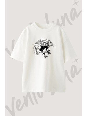 Kuru Kafa Punk Tasarım Baskılı Unisex Oversize Kalıp Beyaz Tshirt