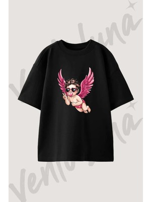 Cool Kupidon Tasarım Baskılı Unisex Oversize Kalıp Siyah Tshirt