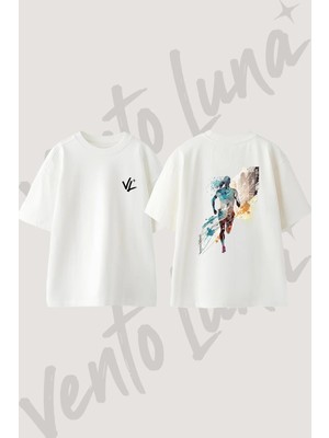 Watercolor Runner_1 Tasarım Sırt Baskılı Pamuk Beyaz Oversize T-Shirt