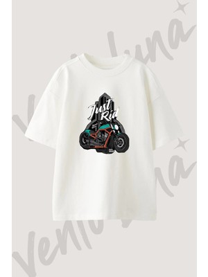 Retro Motorcycle Tasarım Baskılı Unisex Oversize Kalıp Beyaz Tshirt