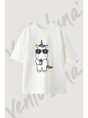 Unicorn Sunglasses Tasarım Baskılı Unisex Oversize Kalıp Beyaz Tshirt