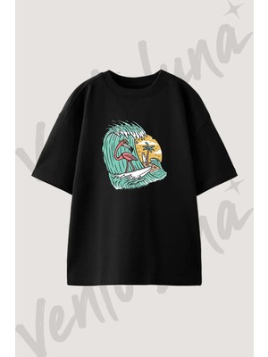 Flamingo Surfing Tasarım Baskılı Unisex Oversize Kalıp Siyah Tshirt