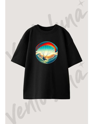 Paraglider Mountain Tasarım Baskılı Unisex Oversize Kalıp Siyah Tshirt