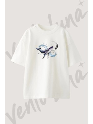 Galaksi Balina Tasarım Baskılı Unisex Oversize Kalıp Beyaz Tshirt