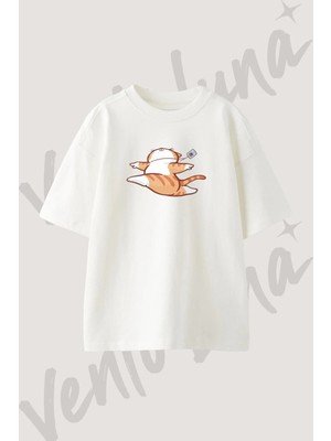 Cizgi Kedi_4 Tasarım Baskılı Unisex Oversize Kalıp Beyaz Tshirt