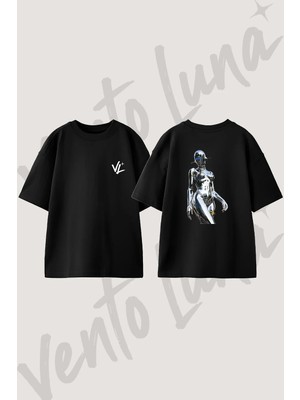 Krom Robot Tasarım Sırt Baskılı Pamuk Siyah Oversize T-Shirt