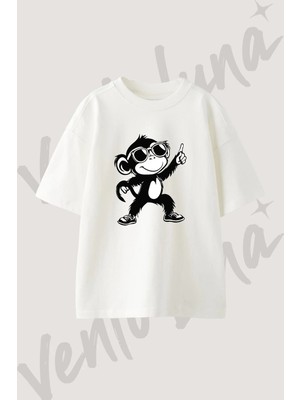 Sunglass Monkey Tasarım Baskılı Unisex Oversize Kalıp Beyaz Tshirt