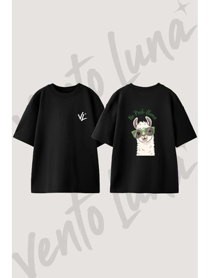 Llama Sunglasses Tasarım Sırt Baskılı Pamuk Siyah Oversize T-Shirt