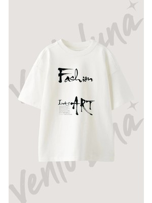 Fashion Art Calligraphy Tasarım Baskılı Unisex Oversize Kalıp Beyaz Tshirt