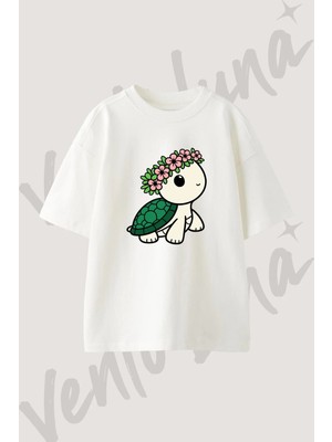 Flower Turtle Tasarım Baskılı Unisex Oversize Kalıp Beyaz Tshirt